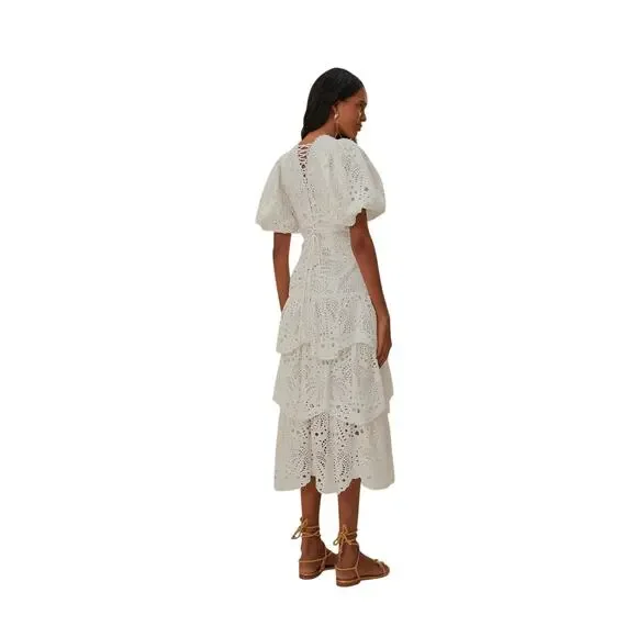 Farm Rio 100% Cotton Eyelet Midi Dress Puff Sleeve Tiered Cottage Farm Summer S - Picture 3 of 12